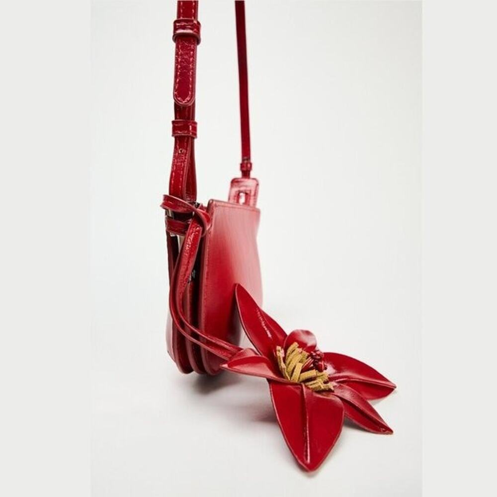 Zara NWT Red Mini Crossbody Shoulder Bag Flower Charm - Picture 12 of 14